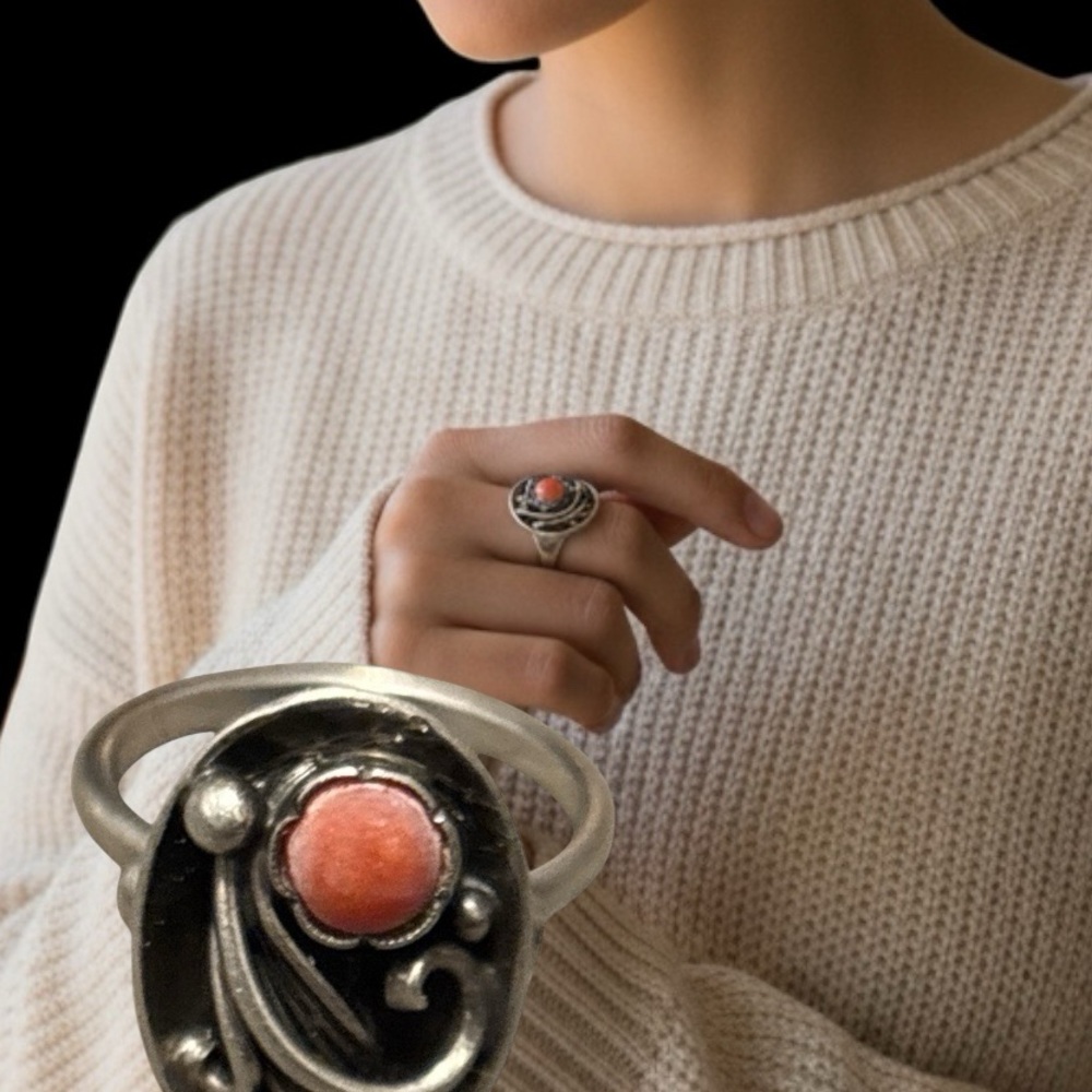 Handarbeit Otto Hahn Vintage “835” Silver Ring with Coral Accent size 8 - Picture 8 of 8